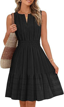 Women's V-Neck Pleated Dress — Sleeveless with Pocket