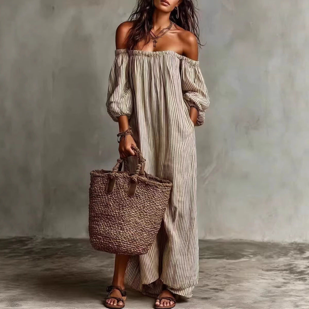 Spring And Summer Women's Striped Off-Shoulder Long Dress