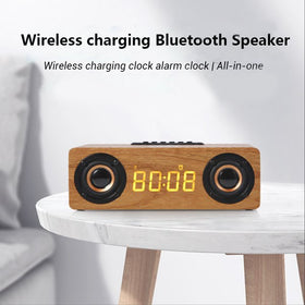 Multi-function Wooden Retro Alarm Clock Bluetooth Speaker Mobile Phone Wireless Fast Charging Card Audio Hottest Model