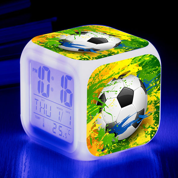 Football Pattern Alarm Clock — LED Color-Changing Square Clock