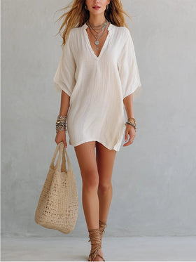 Cotton And Linen V-neck Loose Five-quarter Sleeve Resort Style Solid Color Dress