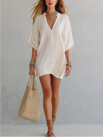 Cotton And Linen V-neck Loose Five-quarter Sleeve Resort Style Solid Color Dress