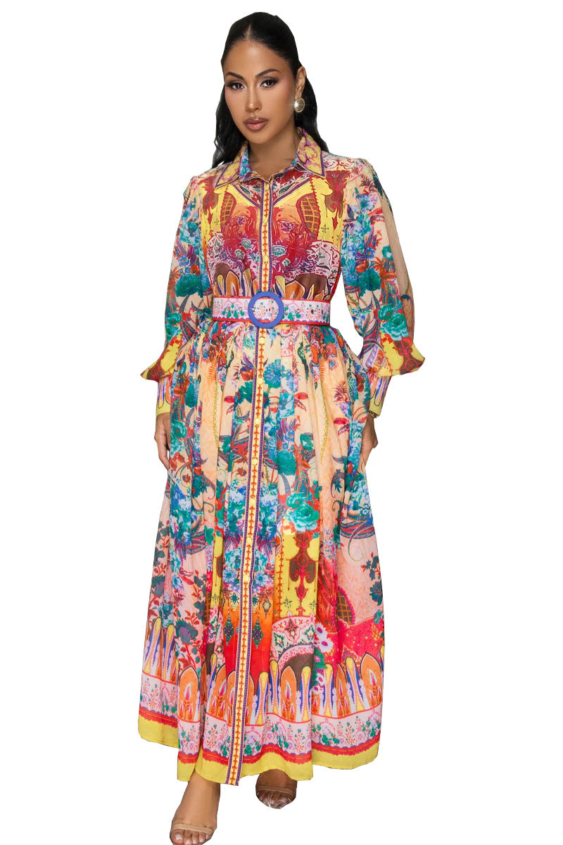 Women's Long-Sleeve Printed Shirt Dress — Belted Waist