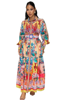 Women's Long-Sleeve Printed Shirt Dress — Belted Waist