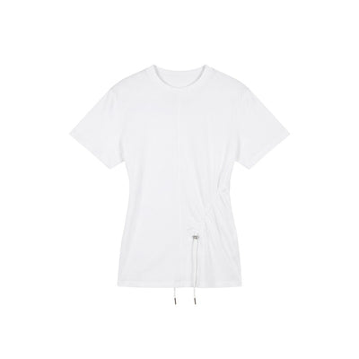 Cotton Round Neck Pullover Short-Sleeve Women's T-Shirt With Drawstring, High-End Design, Pleated, Slim-Fit Top