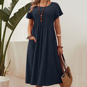 Women's Short-Sleeve Cotton Dress — Pleated with Pocket