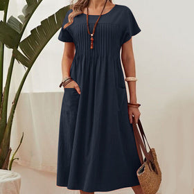 Cotton Solid Color Round Neck Pocket Pleated Short-sleeve Dress
