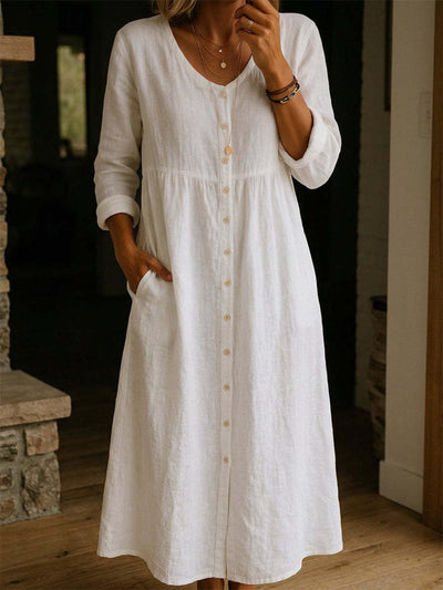 Long-Sleeved Cotton And Linen Buttoned Women's Long Dress