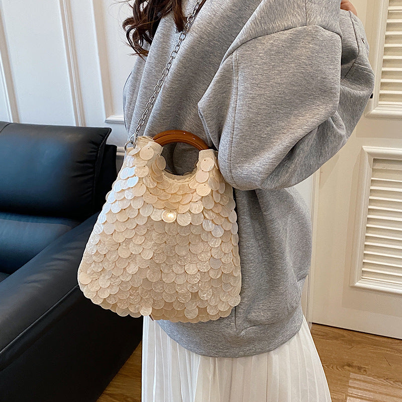 New Fairy-Style Handmade Shell Bag With Wooden Handle, Beach Vacation Chain Shoulder Crossbody Bag