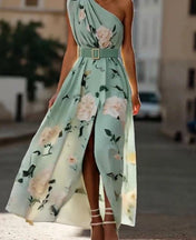 Women's Sleeveless Print Maxi Dress — Belted Vest Style