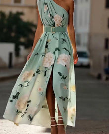 Women's Sleeveless Print Maxi Dress — Belted Vest Style