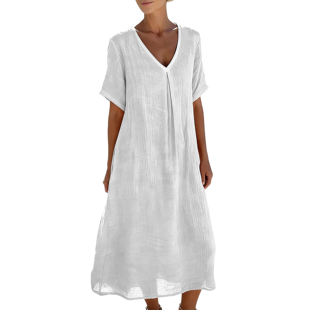 Women's Cotton-Linen V-Neck Dress — Short Sleeve with Pocket