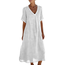 Women's Cotton-Linen V-Neck Dress — Short Sleeve with Pocket