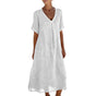Women's Cotton-Linen V-Neck Dress — Short Sleeve with Pocket