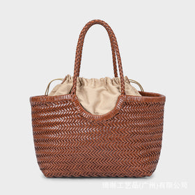 Cowhide Woven Vegetable Basket Bag Women's Genuine Leather Shoulder Bag Vintage Handmade Bag Ins Style