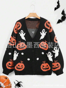 Women's Pumpkin Print Knit Cardigan — V-Neck Sweater Coat