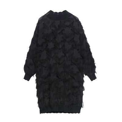 Polyester blend Collar Lace Dress Women's  Loose Slim Look-through Mesh Long-sleeved Flower Gown Dress