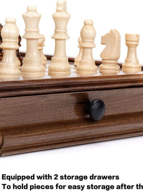 Walnut Wood Chess Set — Double-Drawer Storage Board