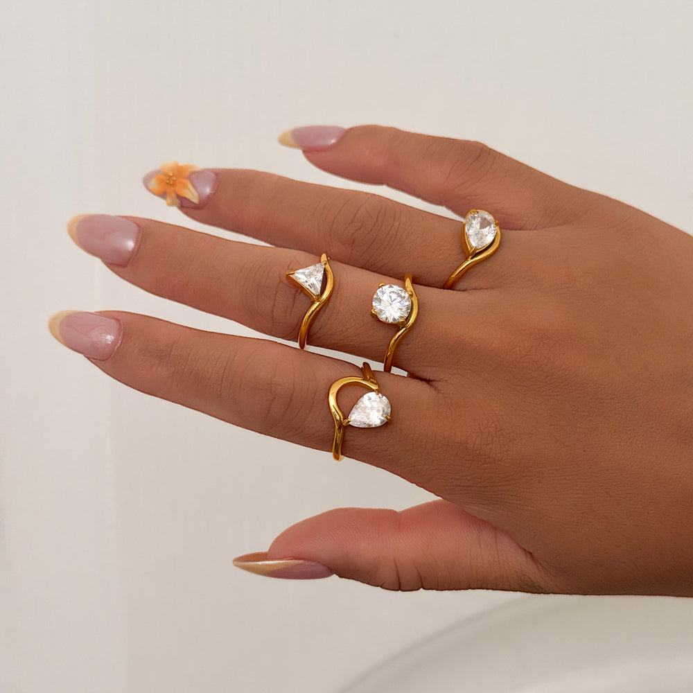 18K Gold-Plated Geometric Ring — Zircon Line Design Ring