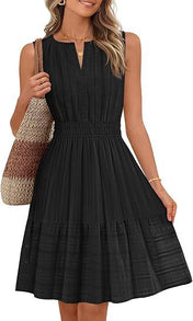 Women's V-Neck Pleated Dress — Sleeveless with Pocket