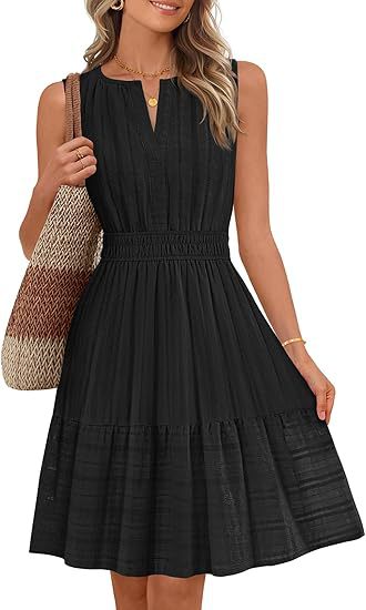 Cotton Women's Clothing Amazon Hot Style V-neck Waist Pleated Large Hem Sleeveless Pocket Dress