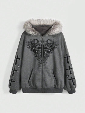 Women's Hooded Cardigan Jacket — Fur Collar Sweatshirt