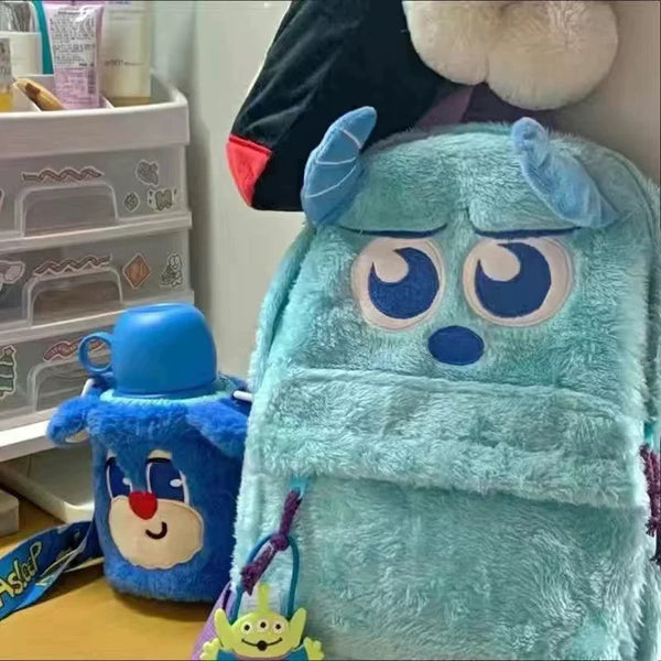 Blue Furry Monster Plush Backpack — Cartoon Character Bag