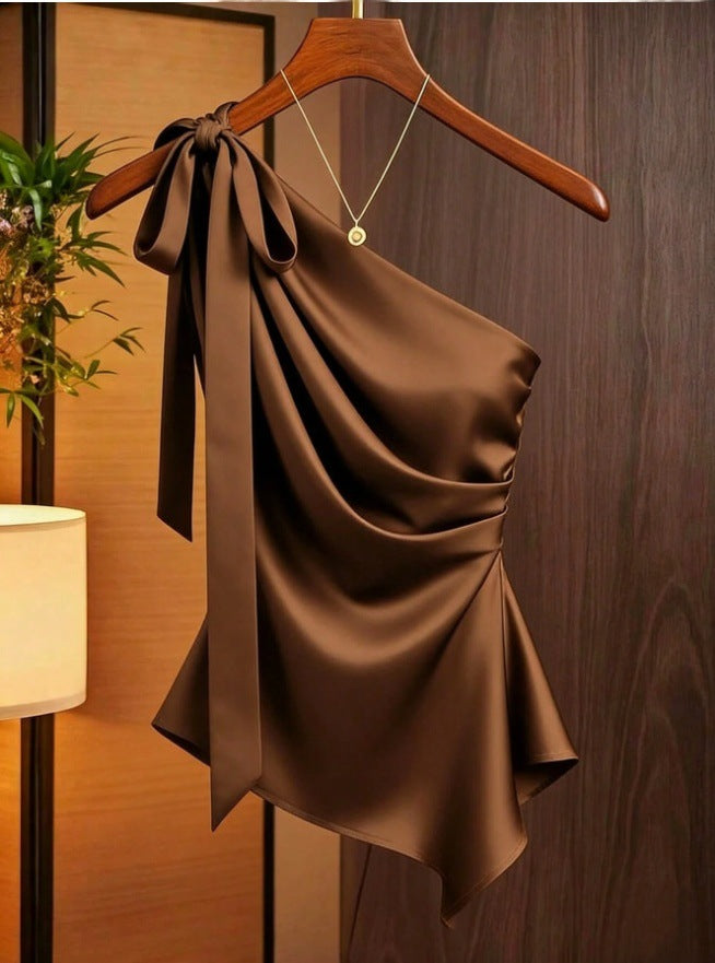 Women's One-Shoulder Satin Top — Bow Detail, Slimming Fit