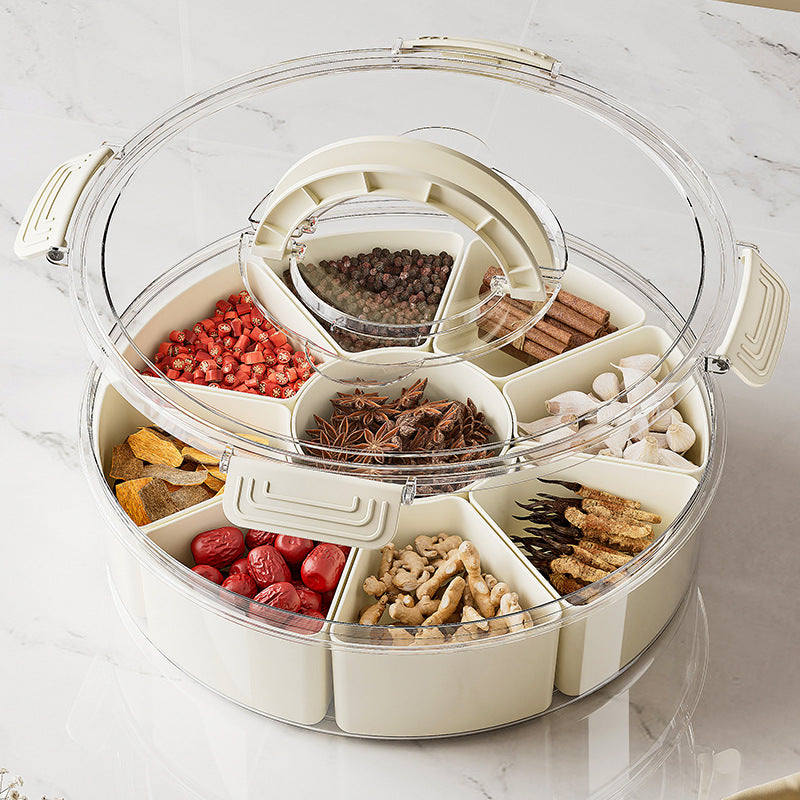 Nine-compartment Rotatable Kitchen Sealed Spice Storage Box With Handle Transparent Dried Fruit Snack Tray Refrigerator Fresh-keeping Box