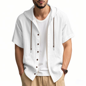 Casual Linen Hooded Shirt Solid Color Breathable Cotton And Linen Short-sleeved shirt