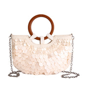 New Fairy-Style Handmade Shell Bag With Wooden Handle, Beach Vacation Chain Shoulder Crossbody Bag