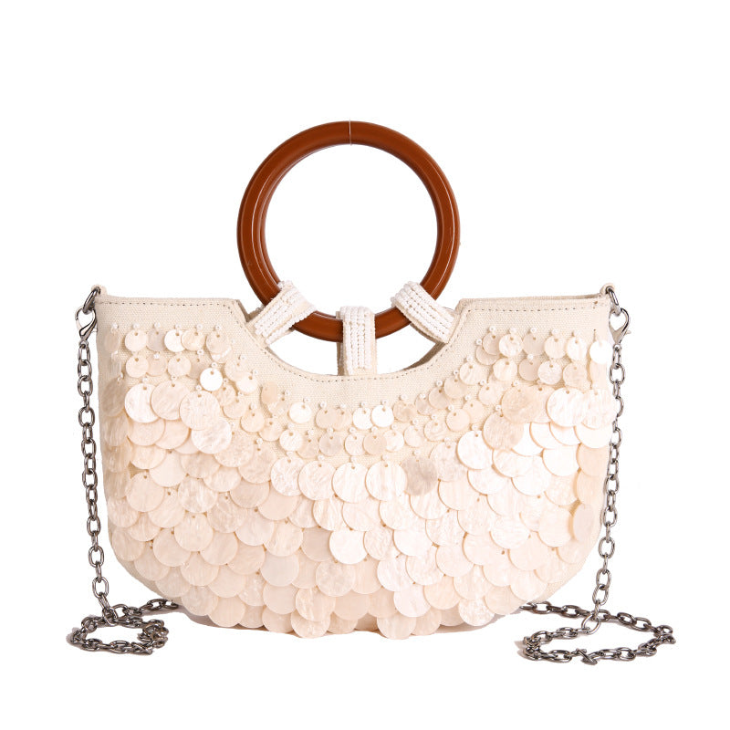 New Fairy-Style Handmade Shell Bag With Wooden Handle, Beach Vacation Chain Shoulder Crossbody Bag